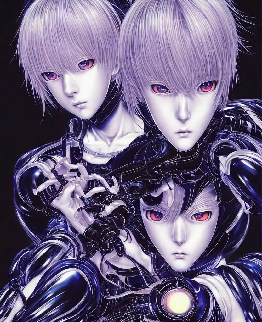 Image similar to symmetrical. realistic detailed image of anime portrait, realistic detailed male character, rei ayanami, black plugsuit, depth perception, vivid colors, masterpiece, depth of field, gothic, digital art. art by yoshitaka amano, by yukito kishiro, by yoshiyuki sadamoto, by artgerm, by hajime sorayama