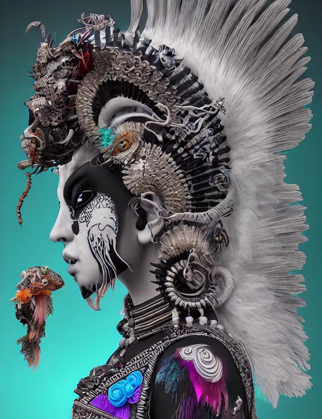 Image similar to 3 d photo realistic goddess close - up profile portrait punk with mohawk with ram skull. beautiful intricately detailed japanese crow kitsune mask and clasical japanese kimono. betta fish, jellyfish phoenix, bio luminescent, plasma, ice, water, wind, creature, artwork by tooth wu and wlop and beeple and greg rutkowski