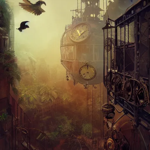 Image similar to intricate cage with bird of paradise steampunk, matte painting, cinematic, epic composition, detailed, atmospheric, wide angle, artstation trending