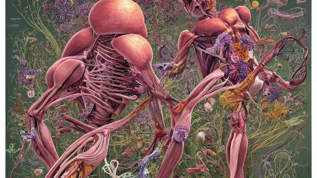 Image similar to highly detailed illustration of a human anatomy body exploded by all the known species of flowers by juan gatti, by moebius!!,, by oliver vernon, by joseph moncada, by damon soule, by manabu ikeda, by kyle hotz, by dan mumford, by kilian eng