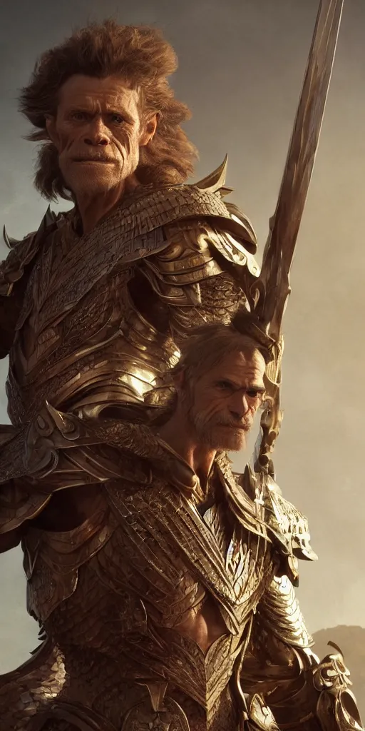 Image similar to willem dafoe, nomad paladin, muscular and very strong, dungeons and dragons, masterpiece by edgar maxence and ross tran and michael whelan, gustav dore, 8 k, octane render