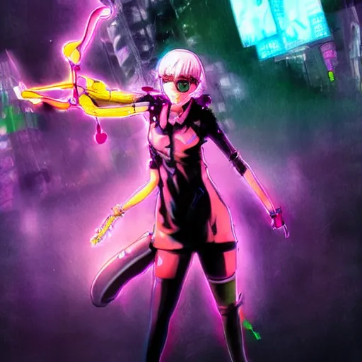 Image similar to portrait of the tokyo - ghoul masked joyful adolescent tiktoker girl aurora, purple dawn in neon santiago of chile on the background, concept art by yoji shinkawa, ryuichi sakamoto, esao andrews and yoshitaka amano