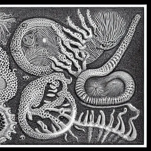 Image similar to a black and white drawing of a variety of sea life, a microscopic photo by ernst haeckel, zbrush central, kinetic pointillism, bioluminescence, intricate patterns, photoillustration