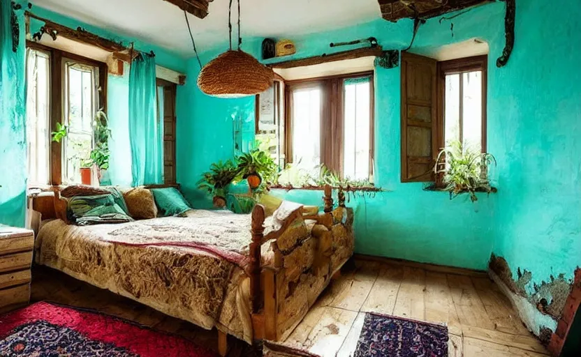 Image similar to east european bohemian bedroom interior, bed, rustic wood, large windows, minimalism, farm theme, cupboards, plants, earth colors, bright, turquoise, oriental, persian, rural, retro design