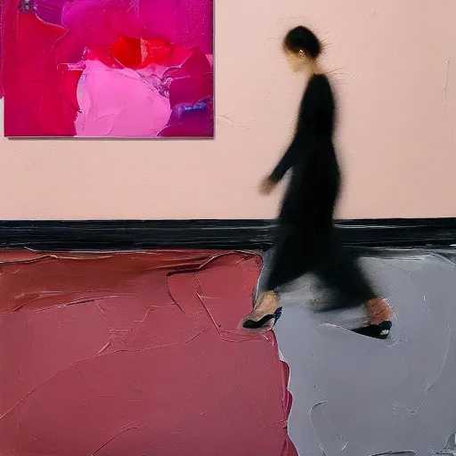 Prompt: _ in _ these _ paintings _ we _ see _ a _ woman _ walking _ in _ circles in a busy void space, 4 k, in the style of ben quilty, hyper realism, minimal pink palette, medium shot, oil paint with thick brushstrokes of paint, impasto, rough textured, detailed,