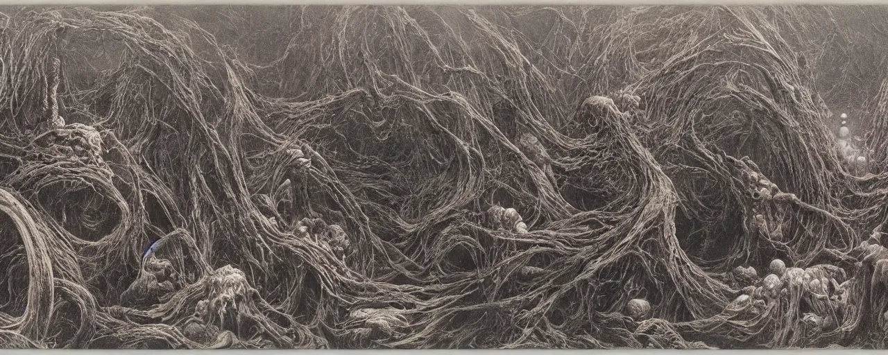 Image similar to a dark space scene, by zdzislaw beksinski, by hr giger, by wayne barlowe, by jean pierre ugarte, by david umemoto