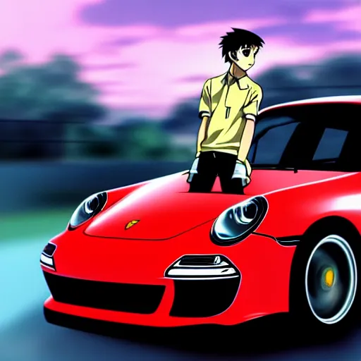 Image similar to ikari shinji riding porsche car, full hd, 4 k anime wallaper