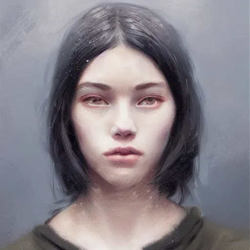 Image similar to portrait of a girl by greg rutkowski, she is about 2 0 years old, mixture between russian and japanese, prettt, black bob hair with two strands around her face, wearing a oversized jumper jumpsuit, highly detailed portrait, digital painting, artstation, concept art, smooth, sharp foccus ilustration, artstation hq