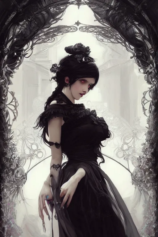 Image similar to portrait of radical lolita girl, dreamy and ethereal, dark eyes, peaceful expression, ornate goth dress, dark fantasy, chaotic, elegant, black crows flying, highly detailed, digital painting, artstation, concept art, smooth, sharp focus, illustration, art by artgerm and greg rutkowski and alphonse mucha