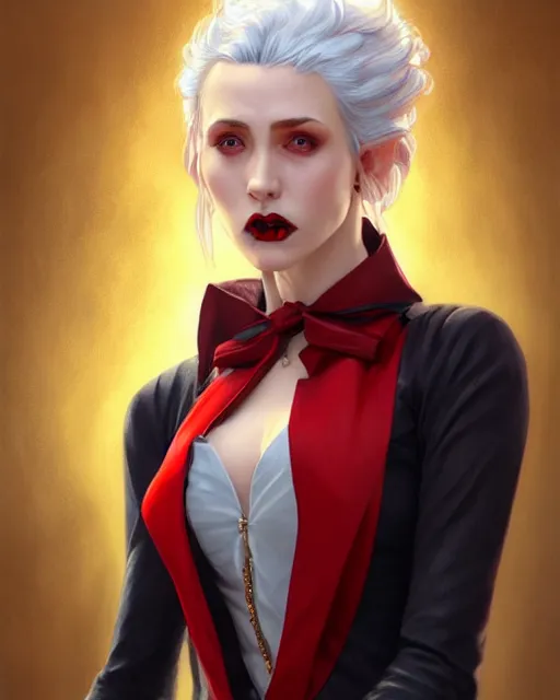 Image similar to female vampire, perfect face, gold waistcoat, red shirt, grey hair, red necktie, cinematic, stunning, highly detailed, digital painting, artstation, smooth, hard focus, full body shot, illustration, art by artgerm and greg rutkowski and alphonse mucha