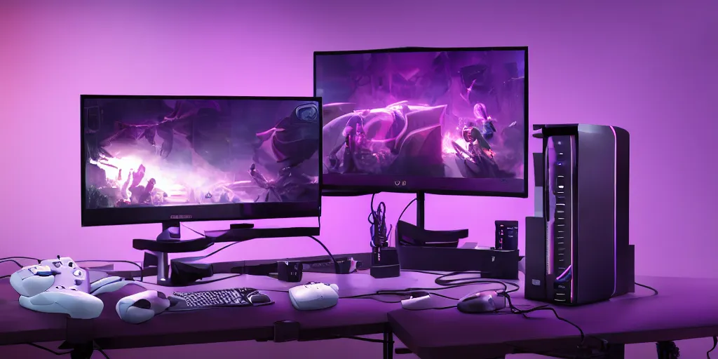 Prompt: gaming PC with name TikTok : YunMP4 on the monitor beside the gaming pc with gaming chair in one room with purple vibe, unreal 5, hyperrealistic, realistic, photorealistic, dynamic lighting, highly detailed, cinematic landscape, studio landscape, studio lighting