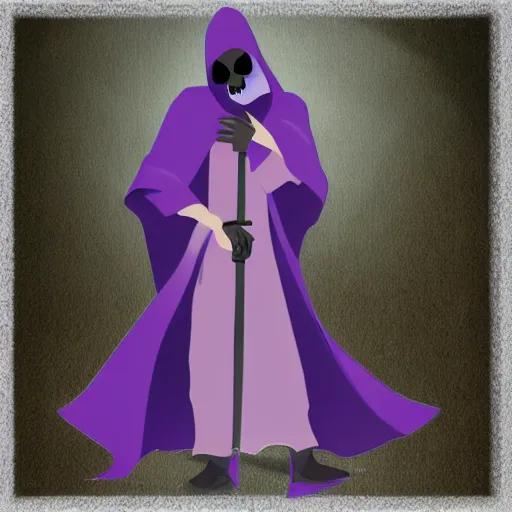 Image similar to grim reaper, purple cloak, full body