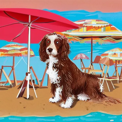 Prompt: cute brown spaniel by the seaside, parasols, bright towels, geometric, pop, bright, artwork -9