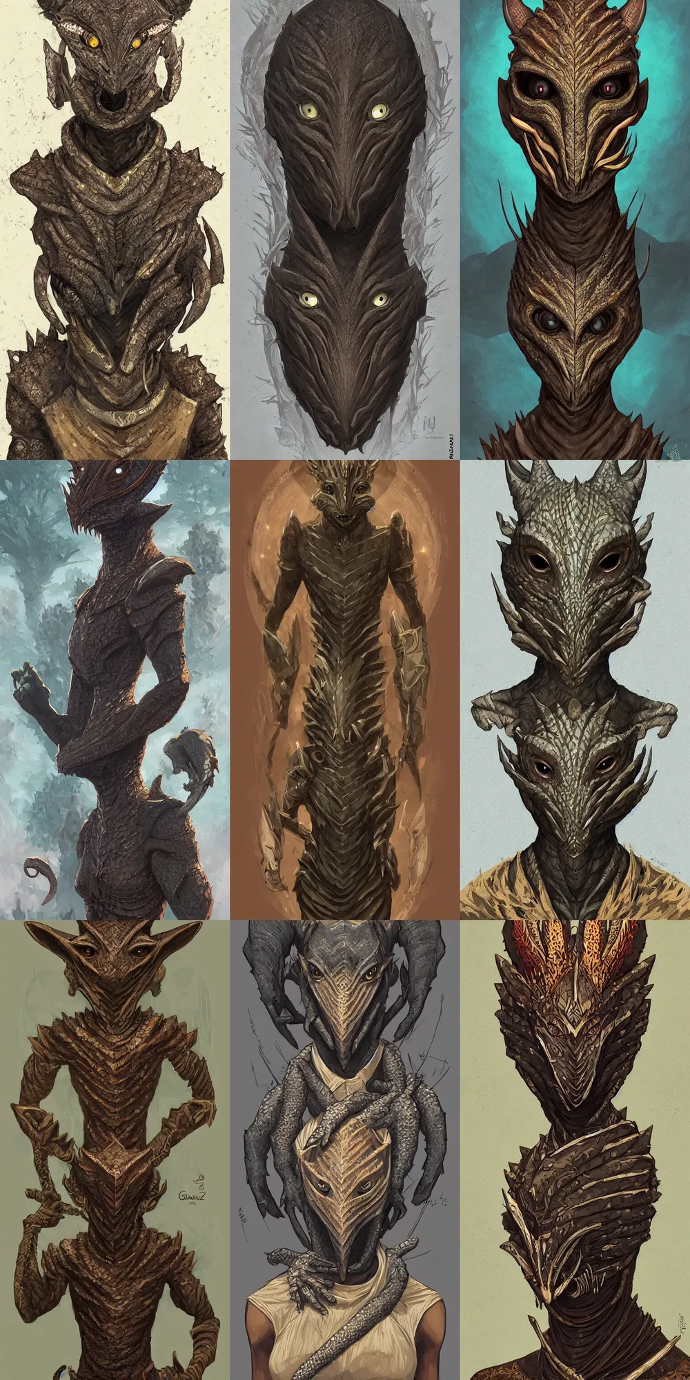 Prompt: african argonian! symmetrical full body epic fantasy beautiful anthropomorphic sentient creature male cute elegant digital art by mohrbacher and guweiz and ilya kuvshinov west africa mask patterns style body, smooth, sharp focus