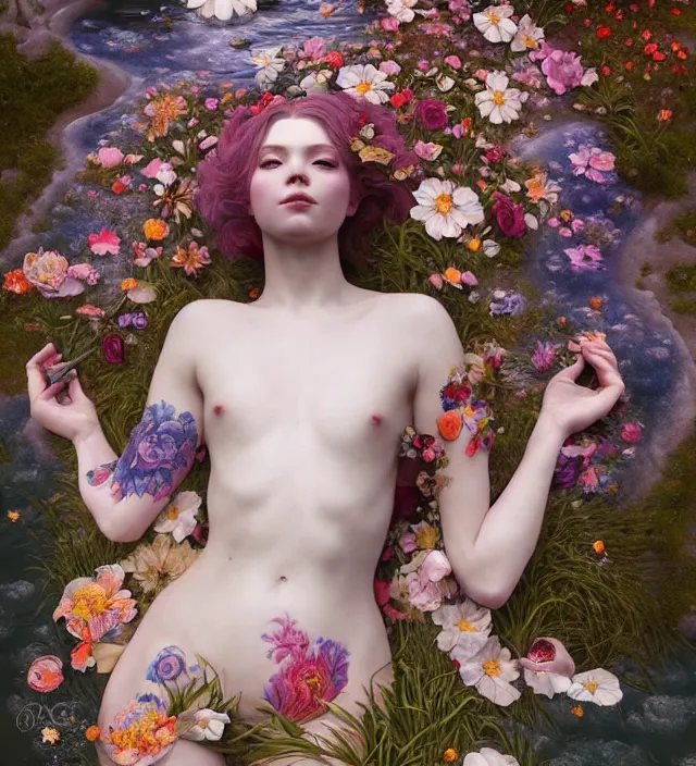 Image similar to baroque portrait of a icelandic princess of porceline skin, full body floral tattoos lying down in a river made of thousand of flowers, cinematic lighting, photorealistic, octane render, 8 k, depth of field, art by artgerm and greg rutkowski and alphonse mucha and uang guangjian