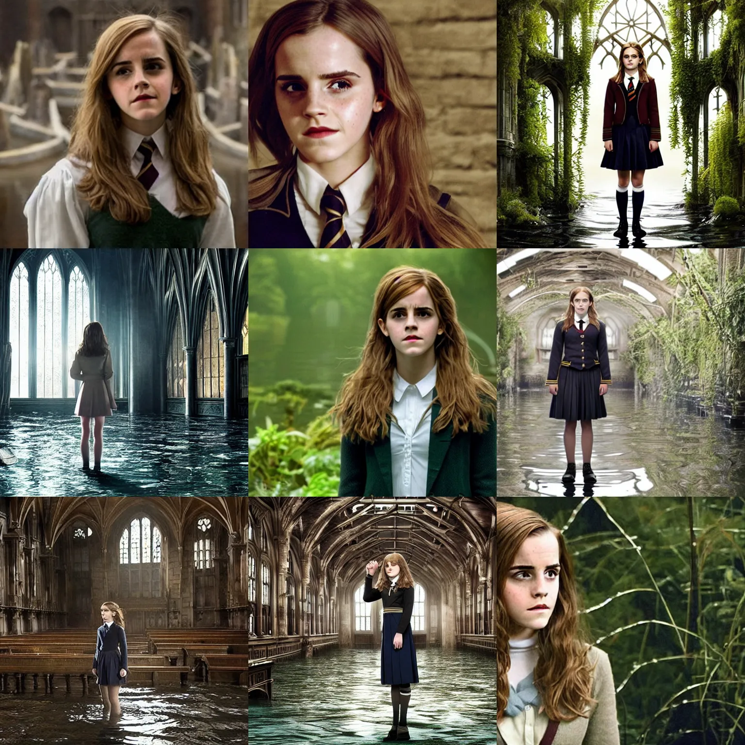 Prompt: emma watson as hermione granger, wearing school uniform, alone, in an empty dark flooded hogwarts classroom, overgrown with aquatic plants