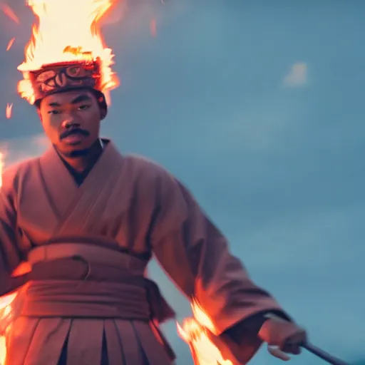 Image similar to cinematic film still of Chance The Rapper starring as a Samurai holding fire, Japanese CGI, VFX, 2022, 40mm lens, shallow depth of field, film photography