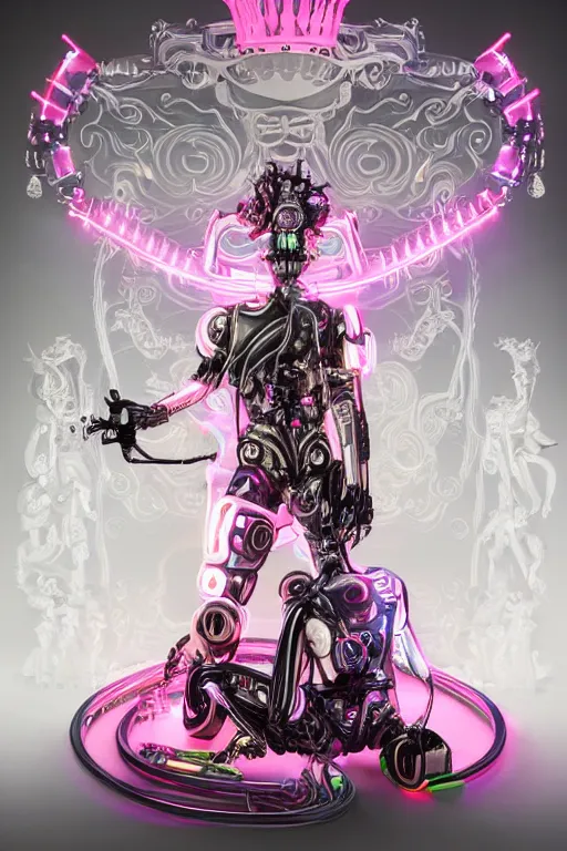 Image similar to full-body rococo and cyberpunk style neon statue of a young attractive Cubano macho dotado e rico android sim roupa reclining con las piernas abertas e la piroca dura, glowing white laser eyes, prince crown of pink gears, diamonds, swirling silver-colored silk fabric. futuristic elements. full-length view. space robots. human skulls. intricate artwork by caravaggio. Trending on artstation, octane render, cinematic lighting from the right, hyper realism, octane render, 8k, depth of field, 3D