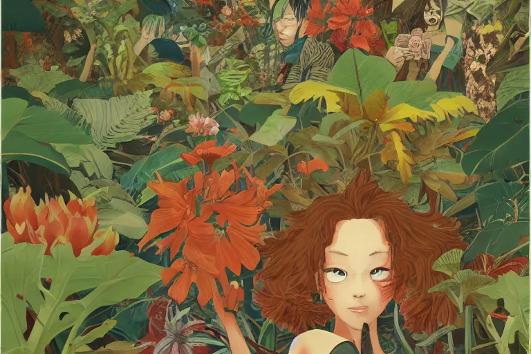 Image similar to 2 d gouache illustration, a lot of exotic vegetation, trees, many many many human heads, flowers, oldschool vintage sci - fi flat surreal design, super - detailed, painting by satoshi kon, hd, 4 k, high quality