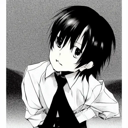 Prompt: black and white manga illustration of a boy with short dark hair and wearing a white shirt, illustrated by sadamoto