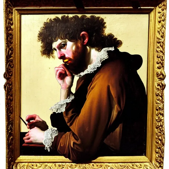 Image similar to baroque portrait painting of disheveled young pensive nobleman sorcerer painter