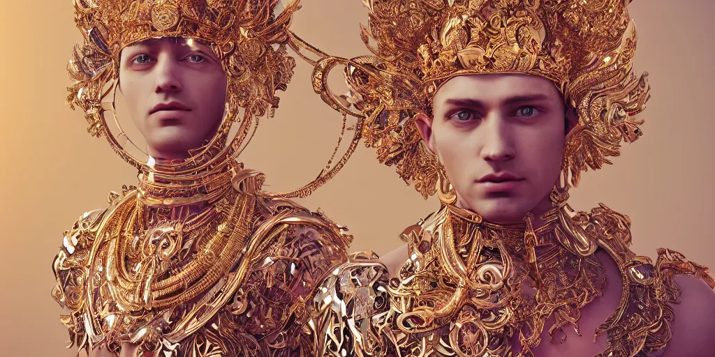 Image similar to studio portrait of a beautiful flawless symmetrical man wearing intricate otherworldly gold and white jewelry and wearing an ornate elegant pink headdress, very detailed, octane render, photorealism, minimalism, abstract art, retrofuturism, f / 2. 8, digital art, on artstation