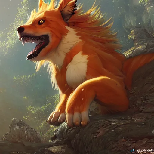 Image similar to arcanine, au naturel, hyper detailed, digital art, trending in artstation, cinematic lighting, studio quality, smooth render, unreal engine 5 rendered, octane rendered, art style by klimt and nixeu and ian sprigger and wlop and krenz cushart