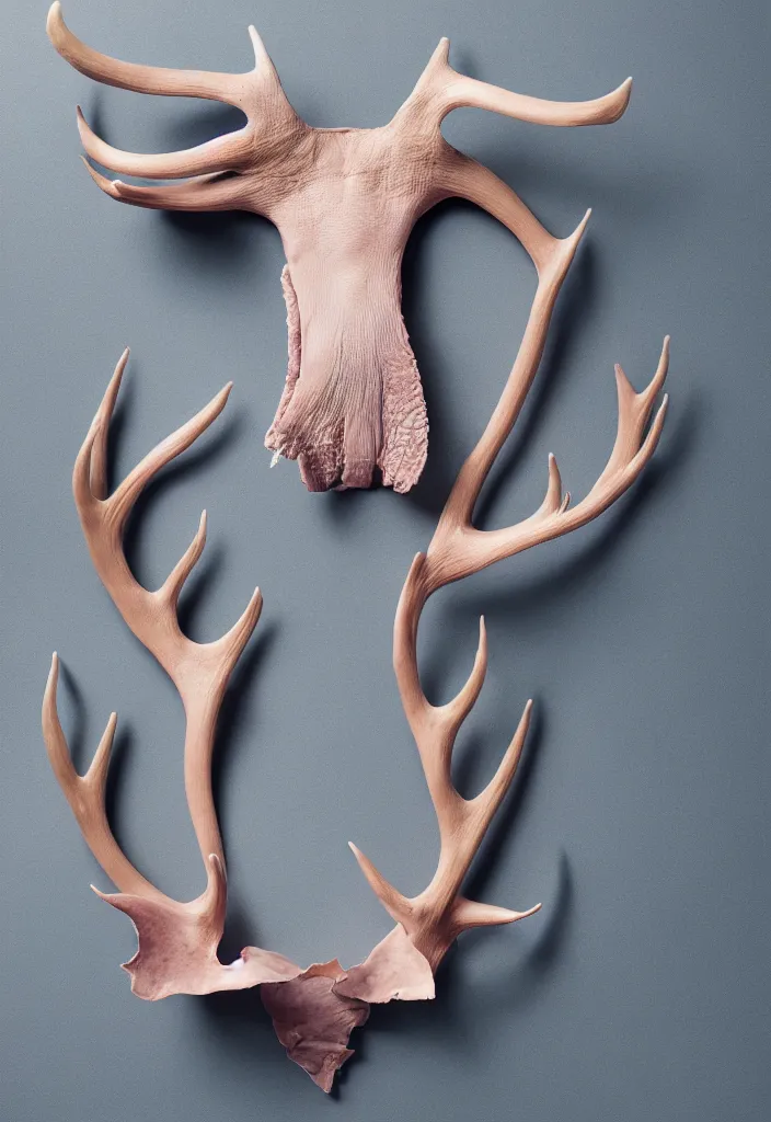 Image similar to delicate pale pink guts, antlers ,melted wax, sharp slate. complementary color scheme. national geographic. 8k, rendered in octane, smooth gradients. blue whale