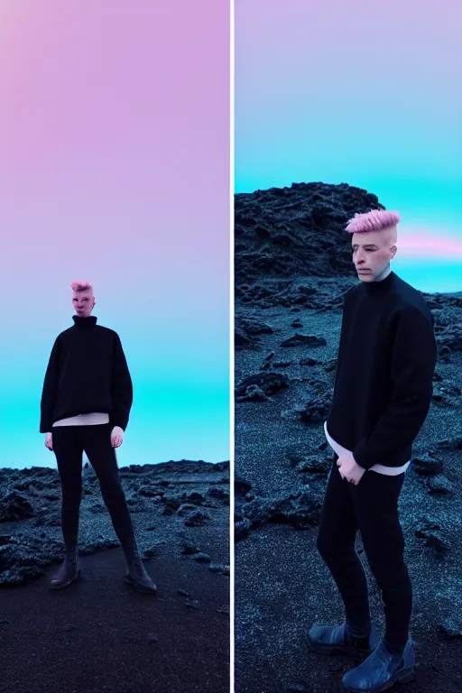 Image similar to high quality pastel coloured film wide angle selfie photograph of an male cyber model standing in an icelandic black rock environment. three point light. photographic. art directed. pastel colours. volumetric light. stark. waves glitch. 8 k. filmic.