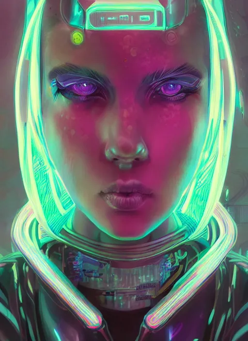 Prompt: portrait of cyberpunk woman surrounded by fluorescent and slimy scales, illutration by Artgerm, highly detailed, trending on artstation