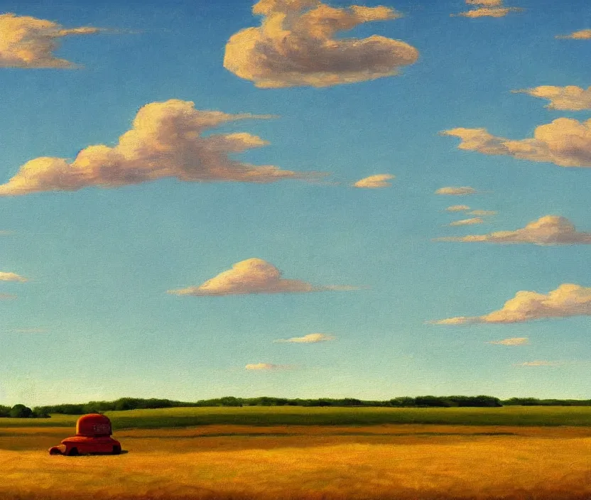 Image similar to a very detailed painting of a spaceship on a field, baby blue sky with very aesthetic clouds, in the style of edward hopper and huggo pondz, very fine brushstrokes, 4 k,