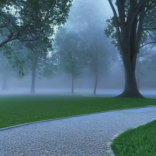 Image similar to still shot of a park covered in morning fog, highly detailed, photorealistic portrait, bright studio setting, studio lighting, crisp quality and light reflections, unreal engine 5 quality render