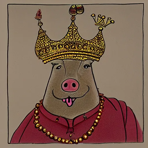 Prompt: a pig wearing a gold crown in the style of R. K. Laxman