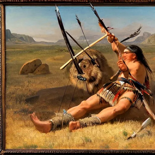 Image similar to native american man kills sabertooth with bow and arrow on great plains, painting by emanuel leutze and emanuel leutze and emanuel leutze