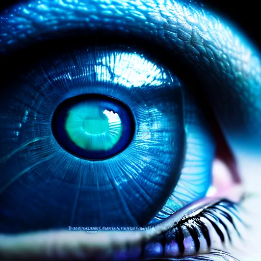 prompthunt: macro photography of a hyper realistic stunning woman cyberpunk blue  eye. black pupil, blue iris, natural skin no make up. studio shot, epic  scale, insanely complex, hyper detailed, sharp focus, hyper