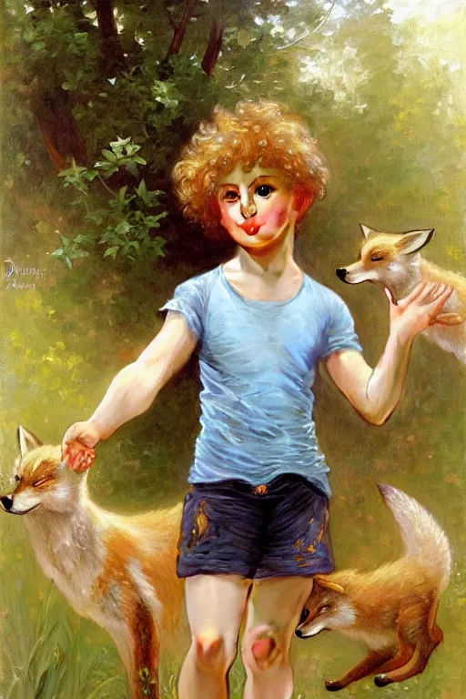 Image similar to a seven - year old with curly dirty blonde hair, blue eyes, tan skin a tee shirt and shorts, playing with foxes, painting by daniel gerhartz, alphonse mucha, bouguereau, detailed art, artstation