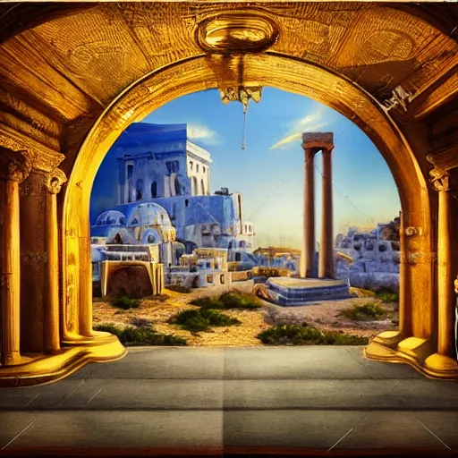 Image similar to Cinematic view approaching a detailed fantasy city with greek restored architecture from a searing desert; fantasy art