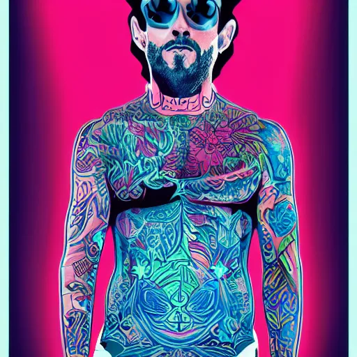 Image similar to a portrait of tattooed the beautiful man, in retro colors, synthwave style, 2 d digital vector art