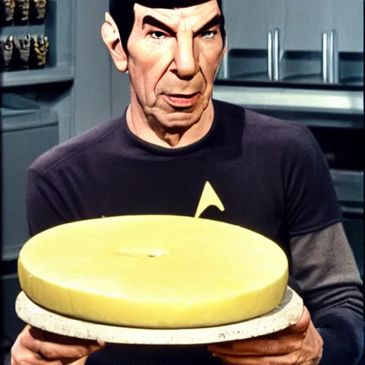 Image similar to spock eating a large wheel of cheese,