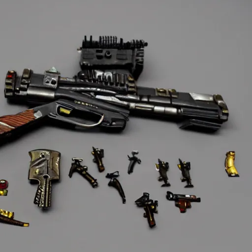Image similar to Kitbashed Cyberpunk weapons, revolvers, pistols, maximalist, blinn