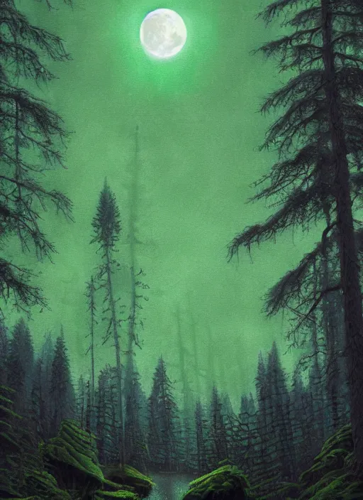 Prompt: Detailed green star sky finnish forrest, moon, lake, 3d octane render, realistic, detailed, highly detailed, hyper detailed, high definition, extremely detailed oil painting, unreal 5 render, rhads, Bruce Pennington, Studio Ghibli, tim hildebrandt, digital art, octane render, beautiful composition, trending on artstation, award-winning photograph, masterpiece