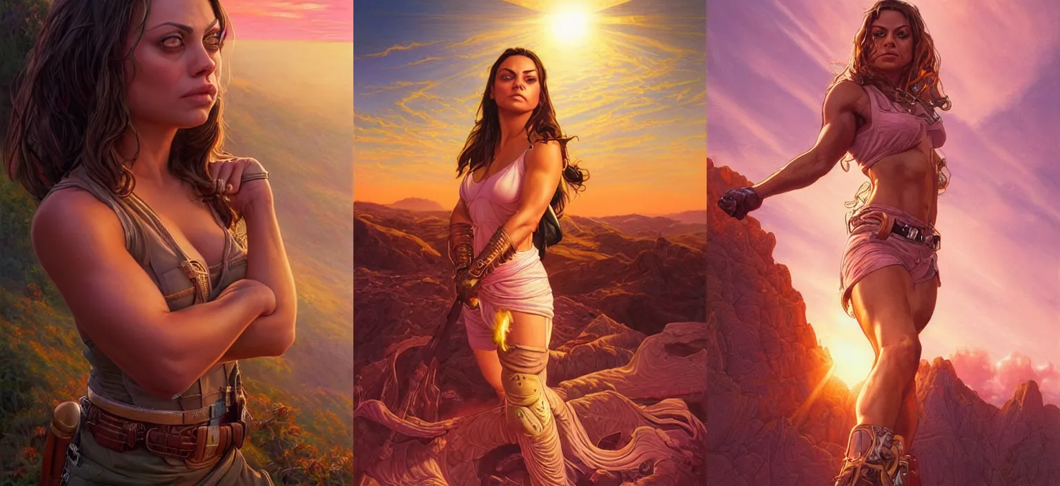 Prompt: epic portrait of Mila Kunis, a very strong muscled Amazon heroine, sun beams across sky, pink golden hour, intricate, elegance, highly detailed, shallow depth of field, epic vista, concept art, art by Artgerm and Donato Giancola, Joseph Christian Leyendecker