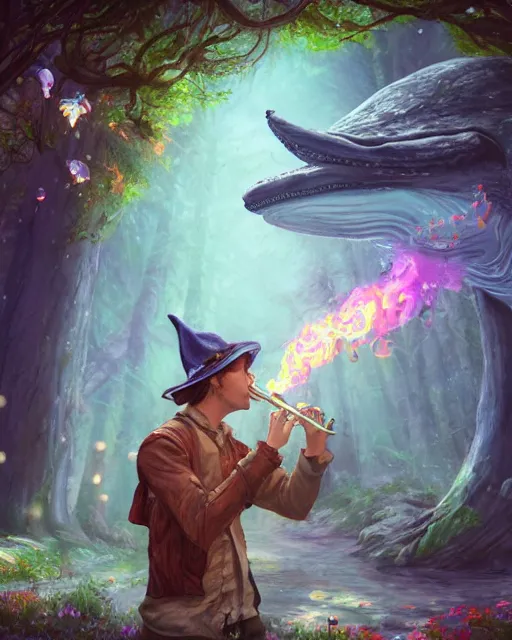 Prompt: Whale playing Trumpet in magical forest, portrait, wearing hat, magical notes, fairy atmosphere, magic the gathering artwork, D&D, fantasy, cinematic lighting, centered, symmetrical, highly detailed, digital painting, artstation, concept art, smooth, sharp focus, illustration, volumetric lighting, epic Composition, 8k, art by Akihiko Yoshida and Greg Rutkowski and Craig Mullins, oil painting, cgsociety