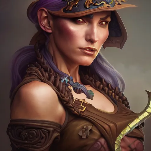 Image similar to witch, muscular, female, d & d, fantasy, intricate, elegant, highly detailed, digital painting, artstation, octane render, concept art, matte, sharp focus, illustration, hearthstone, art by artgerm and steve argyle and alphonse mucha