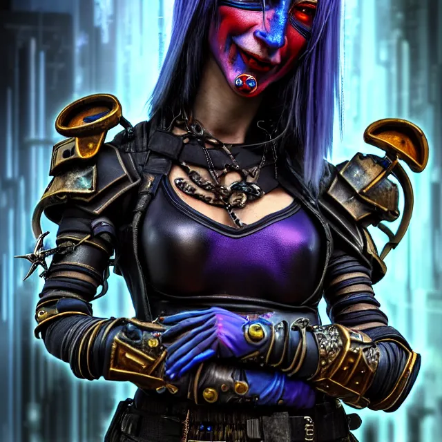 Image similar to cyberpunk jester warrior, highly detailed, 4 k, hdr, smooth, sharp focus, high resolution, award - winning photo, anne stokes, photorealistic