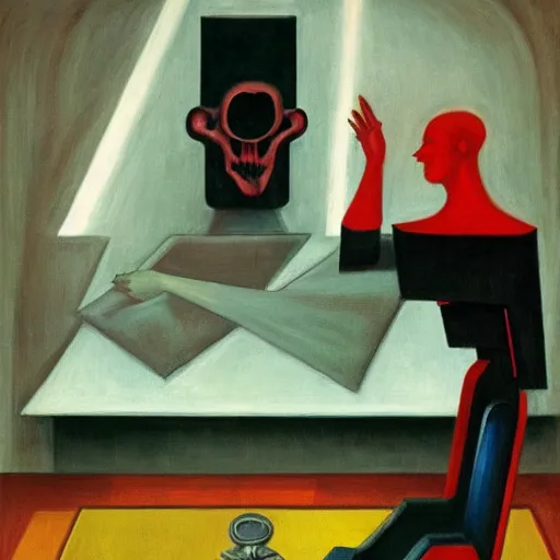 Prompt: evil cyborg mastermind on a throne, human subjugation, mind control, dystopian, pj crook, edward hopper, oil on canvas