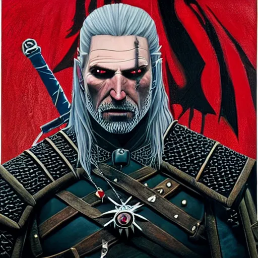 Image similar to a portrait of witcher, geralt of rivia with mordor in the background painting by elisabeth jerichau - baumann. red colors, painting, back tower, eye of sauron, oil on canvas, horizontally symmetric