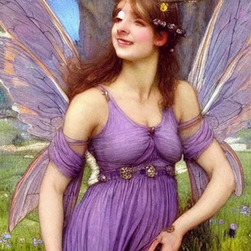 Image similar to very very very beautiful tiny fairy woman in her 20s with fairy wings wearing skintight purple dress, making eye contact, smiling, flirty, perfect body, perfect face, drawn by john william waterhouse