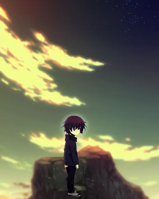 Image similar to chibi, cute, melancholy, full body, male anime character, long dark hair, stunning art style, filters applied, lunar time, night sky, trending art, sharp focus, centered, landscape shot, fate zero, simple background, studio ghiblyi, makoto shinkai, yuji yamaguchi, by wlop