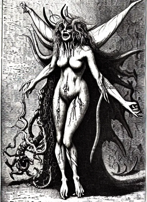 Image similar to ursula the sea witch as a demon from the dictionarre infernal, etching by louis le breton, 1 8 6 9, 1 2 0 0 dpi scan, ultrasharp detail, clean scan